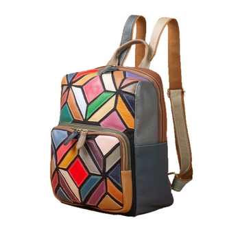 Geantă de damă din piele naturală, rucsac boem colorat, model geometric cu nuanțe contrastante