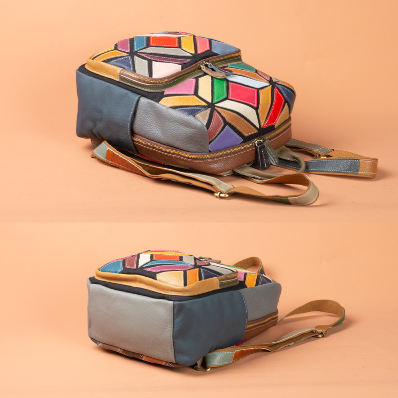 Geantă de damă din piele naturală, rucsac boem colorat, model geometric cu nuanțe contrastante