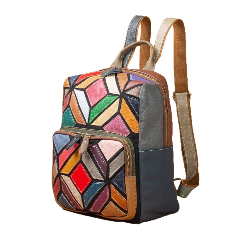 Geantă de damă din piele naturală, rucsac boem colorat, model geometric cu nuanțe contrastante