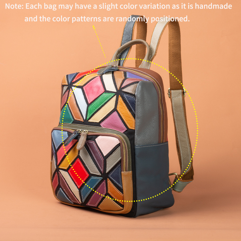 Geantă de damă din piele naturală, rucsac boem colorat, model geometric cu nuanțe contrastante