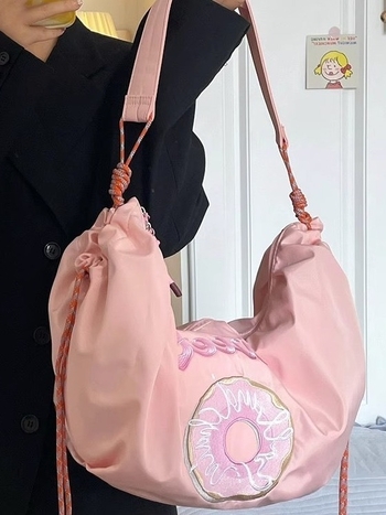 Geantă de damă din nylon bucket - medie, stil street-trendy, cu curele de umăr/șnur crossbody, închidere cu fermoar, buzunar interior