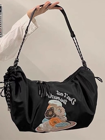 Geantă de damă din nylon bucket - medie, stil street-trendy, cu curele de umăr/șnur crossbody, închidere cu fermoar, buzunar interior