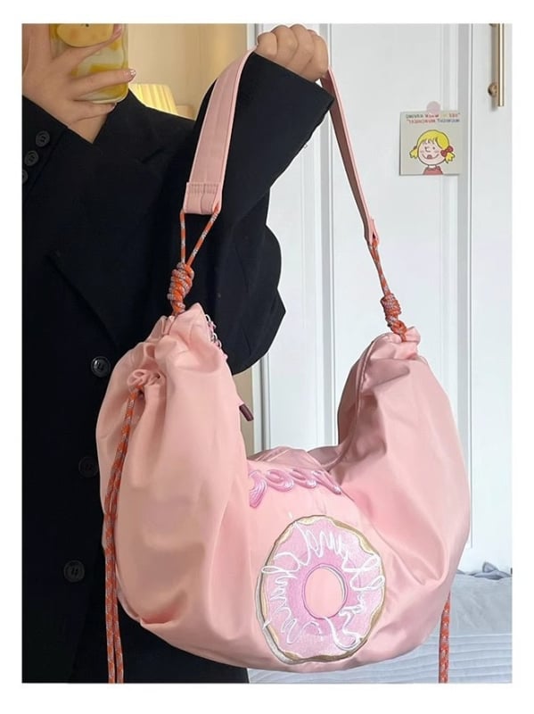 Geantă de damă din nylon bucket - medie, stil street-trendy, cu curele de umăr/șnur crossbody, închidere cu fermoar, buzunar interior