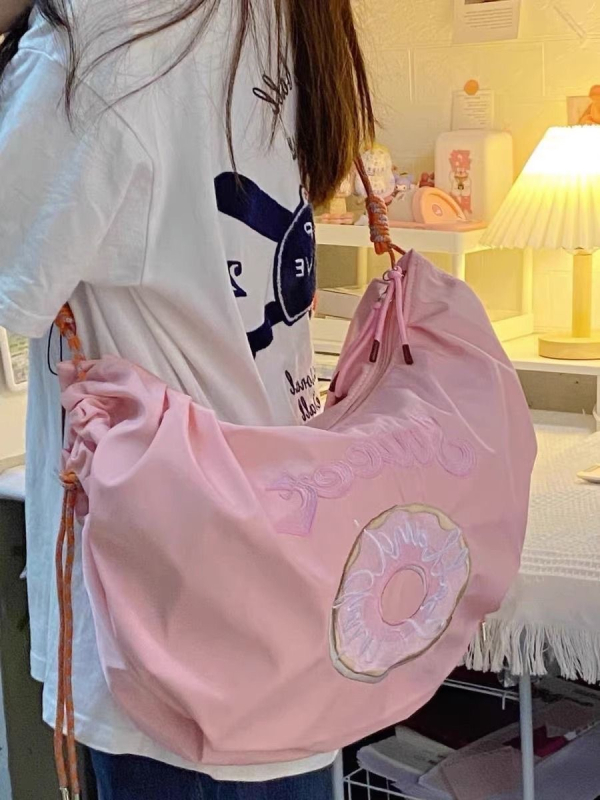 Geantă de damă din nylon bucket - medie, stil street-trendy, cu curele de umăr/șnur crossbody, închidere cu fermoar, buzunar interior