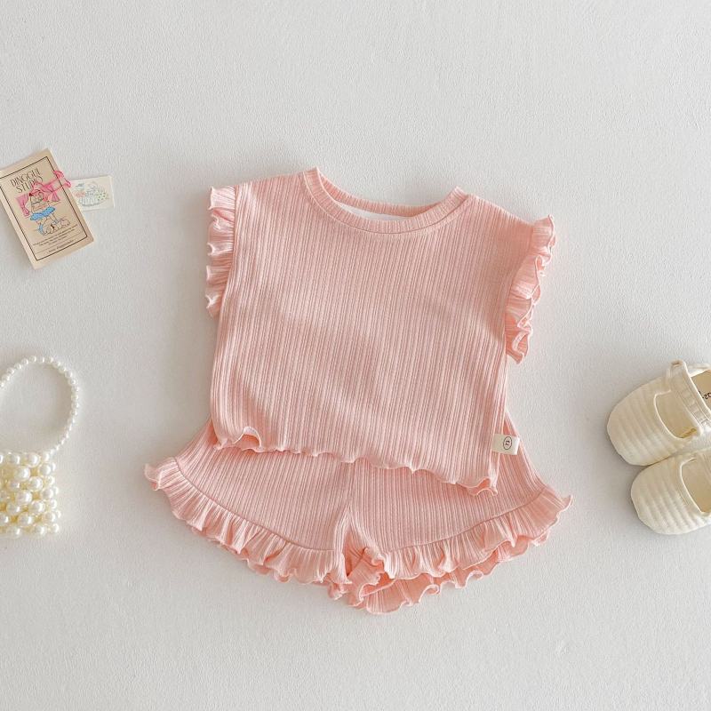 Set din două piese pentru fete, culoare solidă, vară 2025, stil coreean: top fără mâneci cu volane și pantaloni scurți