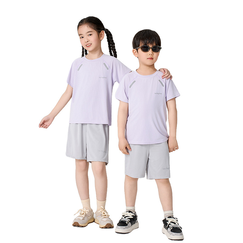 Set pentru copii, uscare rapidă: tricou cu mânecă scurtă și pantaloni scurți, vară, țesătură Ice Silk cu plasă, unisex, pentru copii 3–8 ani.