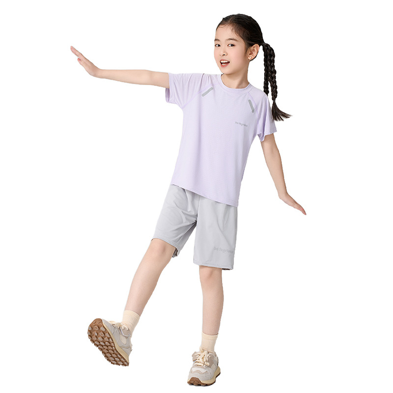 Set pentru copii, uscare rapidă: tricou cu mânecă scurtă și pantaloni scurți, vară, țesătură Ice Silk cu plasă, unisex, pentru copii 3–8 ani.