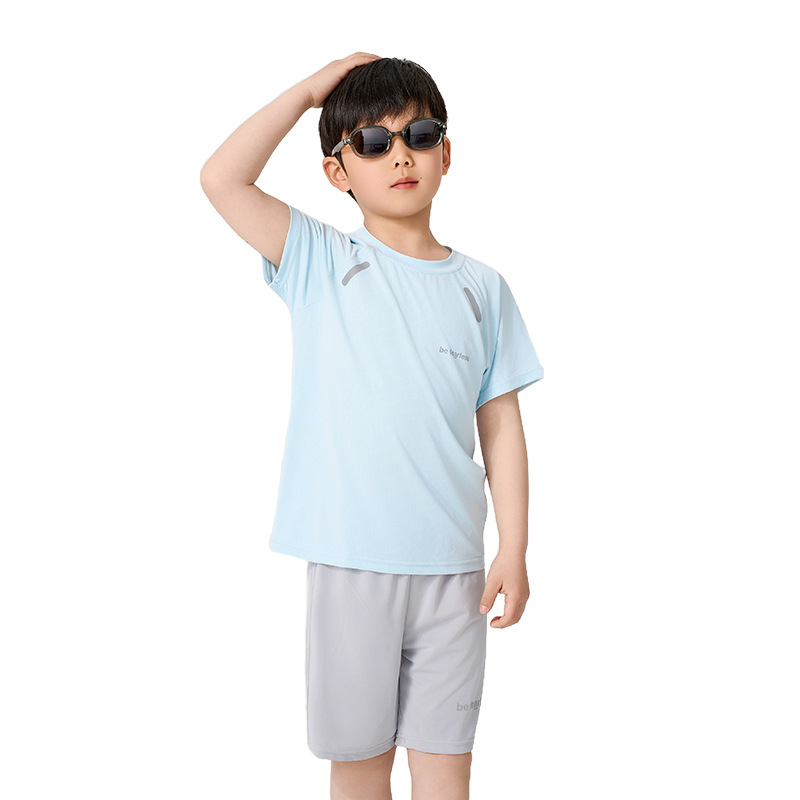 Set pentru copii, uscare rapidă: tricou cu mânecă scurtă și pantaloni scurți, vară, țesătură Ice Silk cu plasă, unisex, pentru copii 3–8 ani.