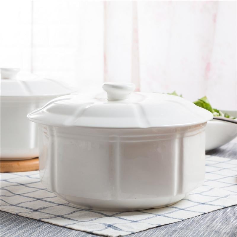 Vas ceramic mare cu capac, alb pur, veselă creativă, mare capacitate