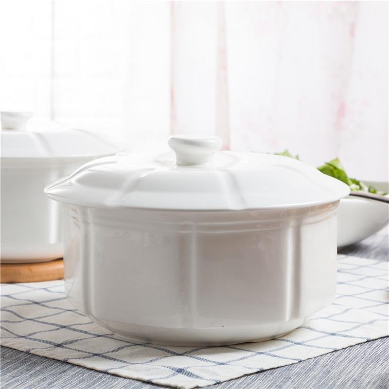 Vas ceramic mare cu capac, alb pur, veselă creativă, mare capacitate