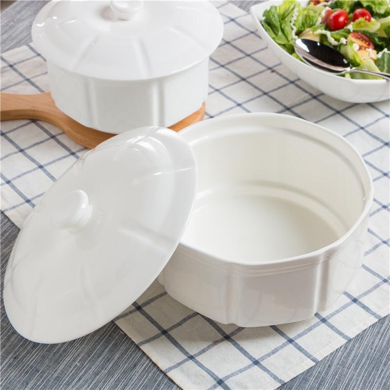 Vas ceramic mare cu capac, alb pur, veselă creativă, mare capacitate