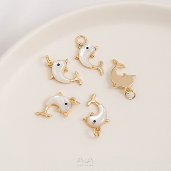 Pandantiv delfin cu sidef natural, ton auriu 14K, bijuterii handmade pentru DIY brățară/colier