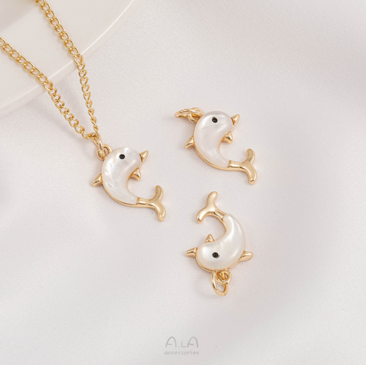 Pandantiv delfin cu sidef natural, ton auriu 14K, bijuterii handmade pentru DIY brățară/colier