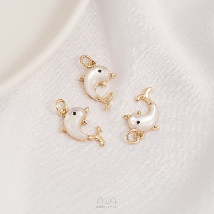Pandantiv delfin cu sidef natural, ton auriu 14K, bijuterii handmade pentru DIY brățară/colier