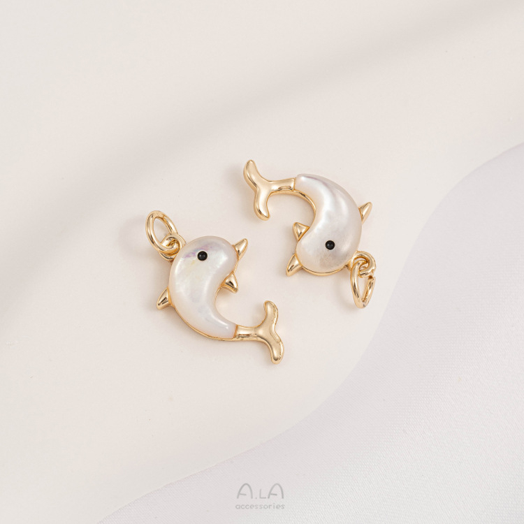 Pandantiv delfin cu sidef natural, ton auriu 14K, bijuterii handmade pentru DIY brățară/colier