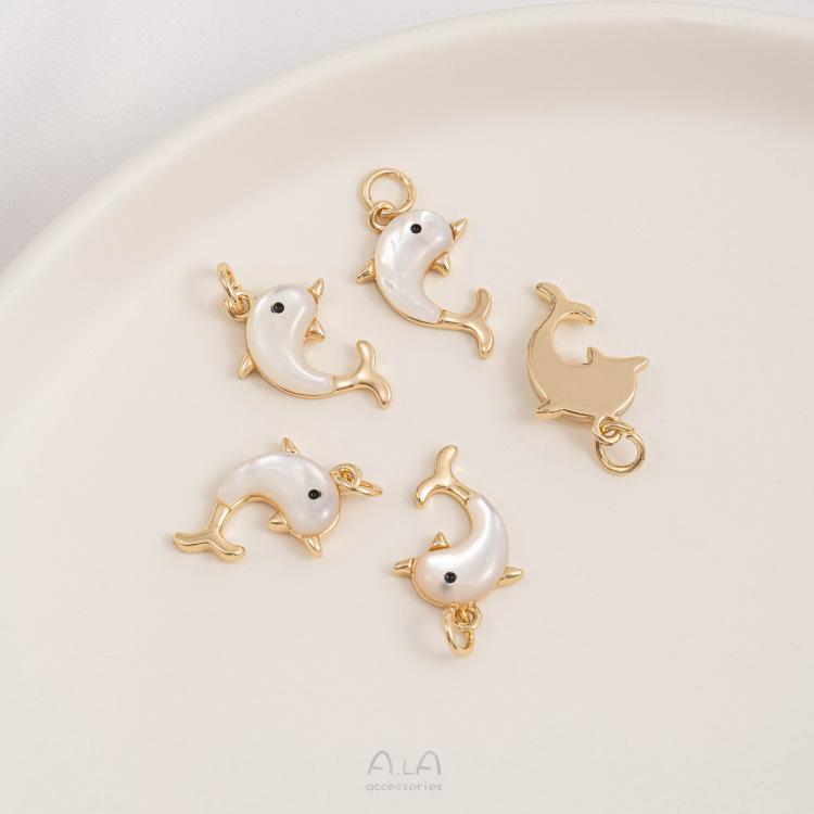 Pandantiv delfin cu sidef natural, ton auriu 14K, bijuterii handmade pentru DIY brățară/colier