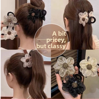 Clips de păr cu floare din plasă și cristale, clip de tip rechin pentru partea din spate a capului
