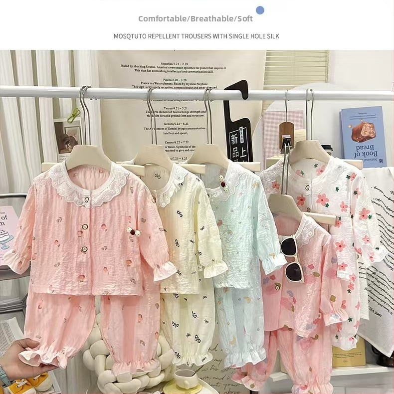 Set de pijamale din bumbac cu aspect nor pentru fetițe, vară 2026, 3–8 ani, imprimeu floral