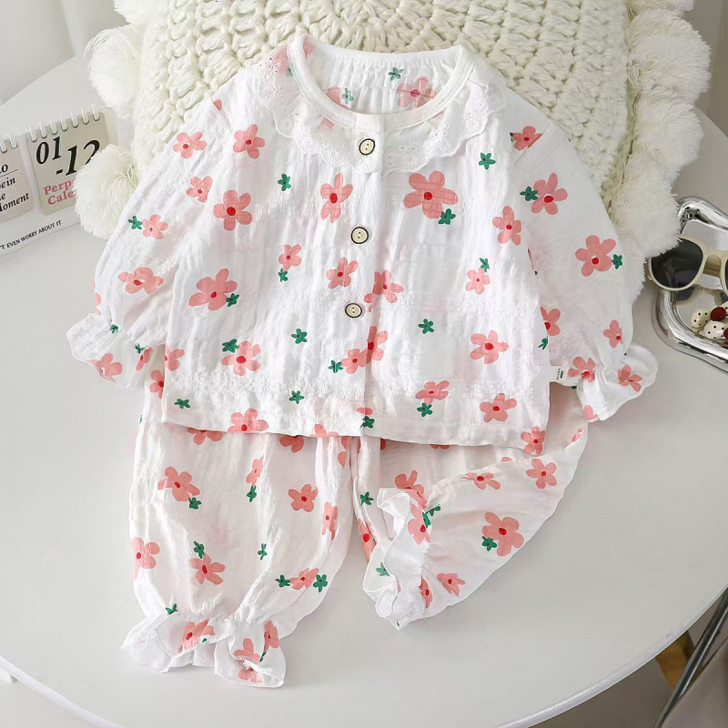 Set de pijamale din bumbac cu aspect nor pentru fetițe, vară 2026, 3–8 ani, imprimeu floral