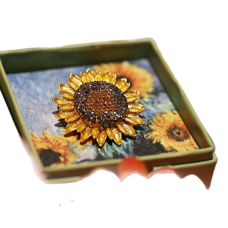 Bo Xin Cloud broșă din cupru cu floarea lui Van Gogh – floarea-soarelui din cristal vintage, accesoriu rafinat