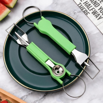 Instrumente pentru fructe trei în unu: lingură cu două capete, instrument de sculptură pentru platoul de fructe, set din oțel inoxidabil pentru pepene