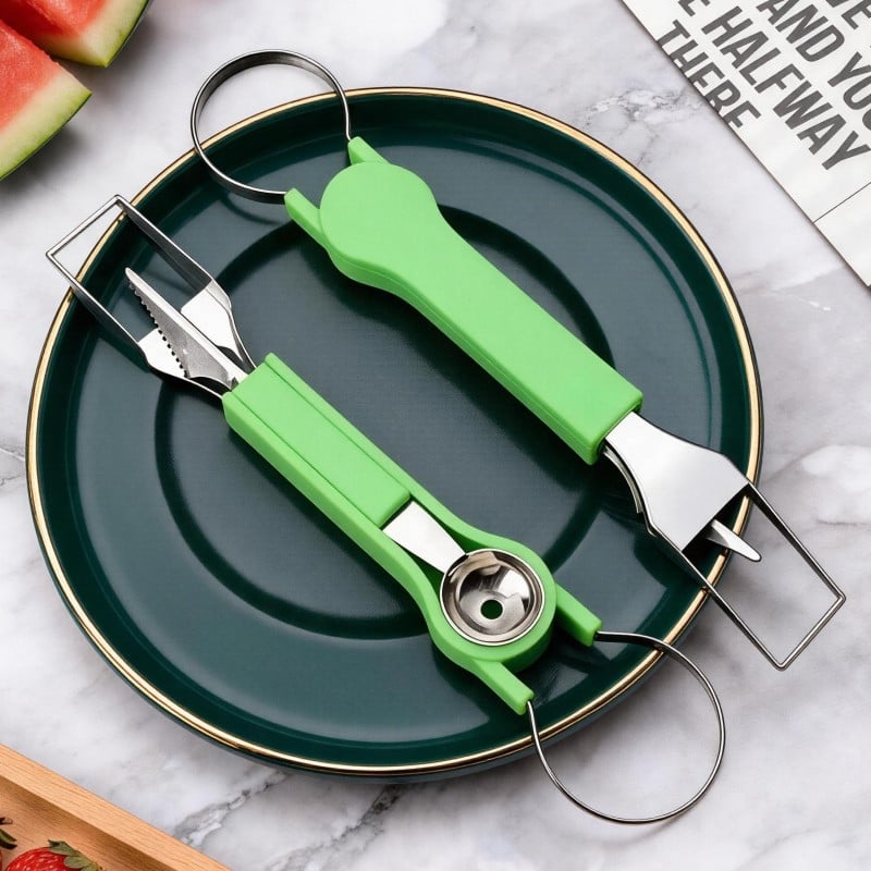 Instrumente pentru fructe trei în unu: lingură cu două capete, instrument de sculptură pentru platoul de fructe, set din oțel inoxidabil pentru pepene