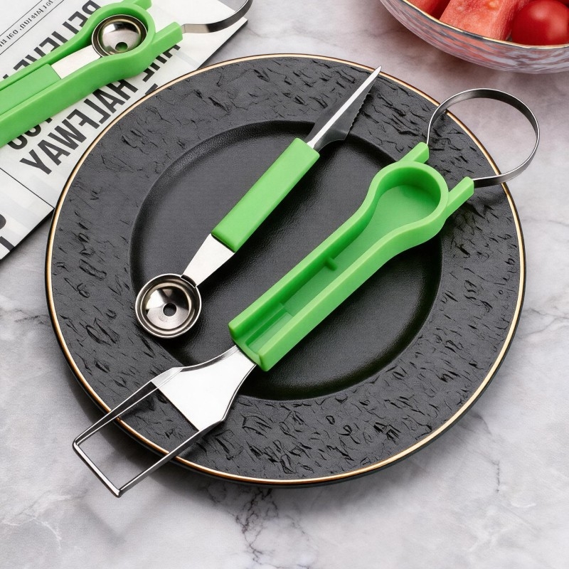 Instrumente pentru fructe trei în unu: lingură cu două capete, instrument de sculptură pentru platoul de fructe, set din oțel inoxidabil pentru pepene