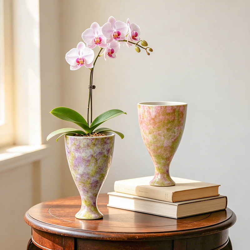 Vază ceramică în stil franțuzesc pentru Phalaenopsis, diametru mare, suport decorativ de masă