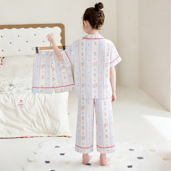 Set de pijama de vară pentru fete, trei piese: top cu mânecă scurtă, pantaloni scurți și pantaloni lungi, Cloud Cotton, țesătură subțire
