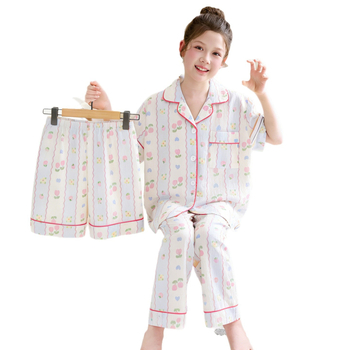 Set de pijama de vară pentru fete, trei piese: top cu mânecă scurtă, pantaloni scurți și pantaloni lungi, Cloud Cotton, țesătură subțire