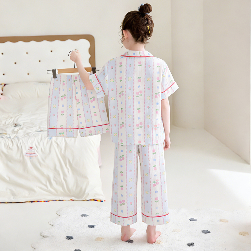 Set de pijama de vară pentru fete, trei piese: top cu mânecă scurtă, pantaloni scurți și pantaloni lungi, Cloud Cotton, țesătură subțire