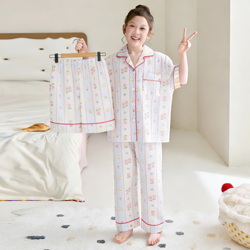 Set de pijama de vară pentru fete, trei piese: top cu mânecă scurtă, pantaloni scurți și pantaloni lungi, Cloud Cotton, țesătură subțire