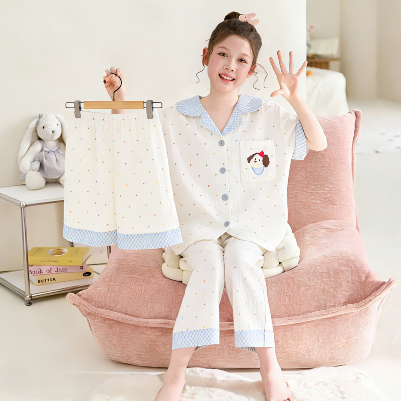 Set de pijama de vară pentru fete, trei piese: top cu mânecă scurtă, pantaloni scurți și pantaloni lungi, Cloud Cotton, țesătură subțire
