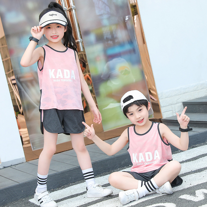 Set two-piece fără mâneci, în stil coreean, pentru copii, tricou fără mâneci din jacquard plas, absorbant de transpirație, haine de vară pentru băieți și fete, vârste 3–8 ani