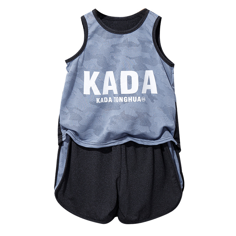 Set two-piece fără mâneci, în stil coreean, pentru copii, tricou fără mâneci din jacquard plas, absorbant de transpirație, haine de vară pentru băieți și fete, vârste 3–8 ani
