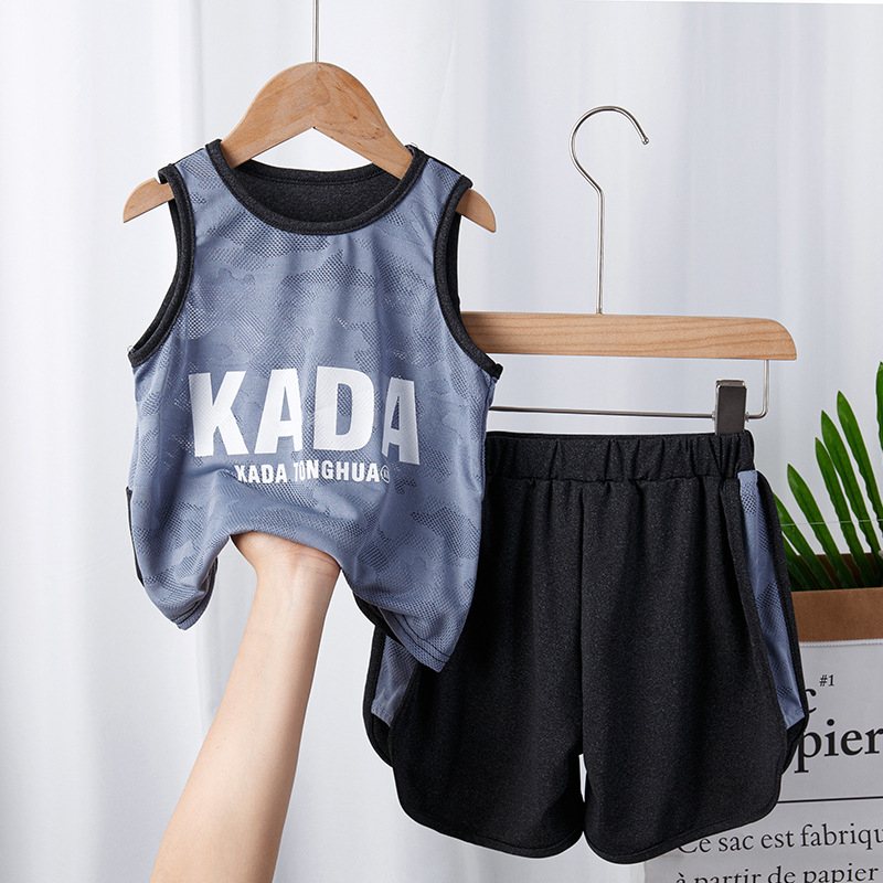 Set two-piece fără mâneci, în stil coreean, pentru copii, tricou fără mâneci din jacquard plas, absorbant de transpirație, haine de vară pentru băieți și fete, vârste 3–8 ani