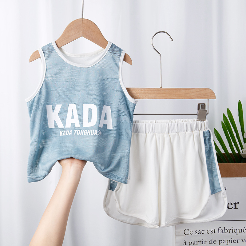 Set two-piece fără mâneci, în stil coreean, pentru copii, tricou fără mâneci din jacquard plas, absorbant de transpirație, haine de vară pentru băieți și fete, vârste 3–8 ani