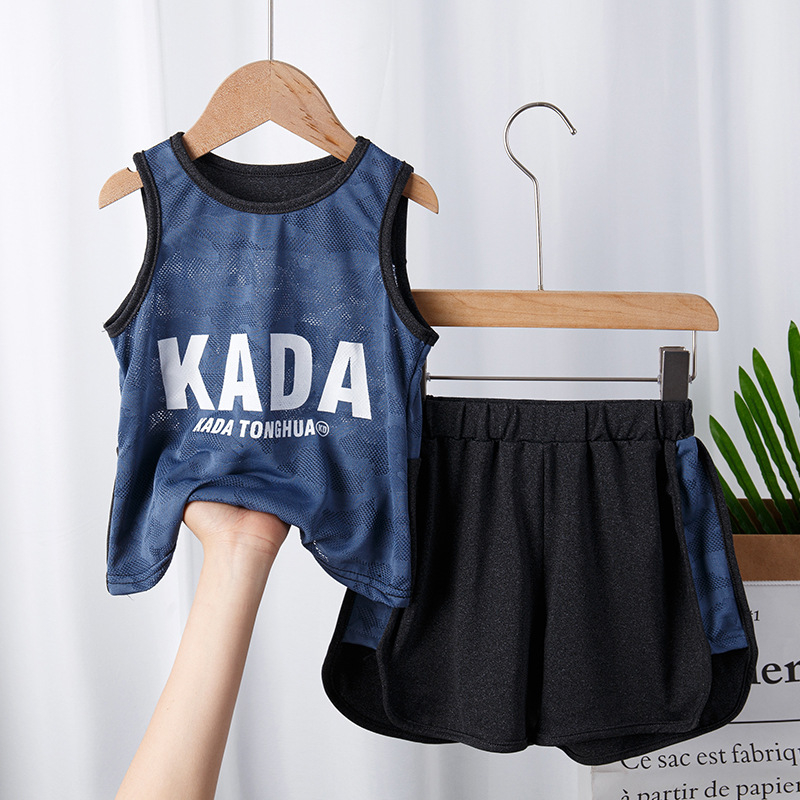 Set two-piece fără mâneci, în stil coreean, pentru copii, tricou fără mâneci din jacquard plas, absorbant de transpirație, haine de vară pentru băieți și fete, vârste 3–8 ani