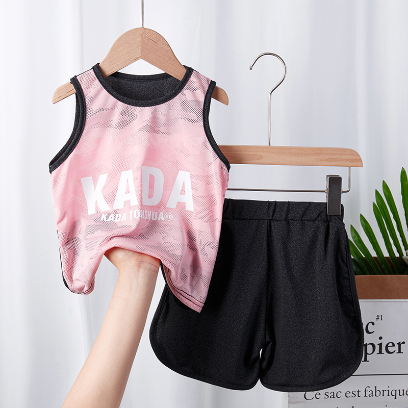 Set two-piece fără mâneci, în stil coreean, pentru copii, tricou fără mâneci din jacquard plas, absorbant de transpirație, haine de vară pentru băieți și fete, vârste 3–8 ani