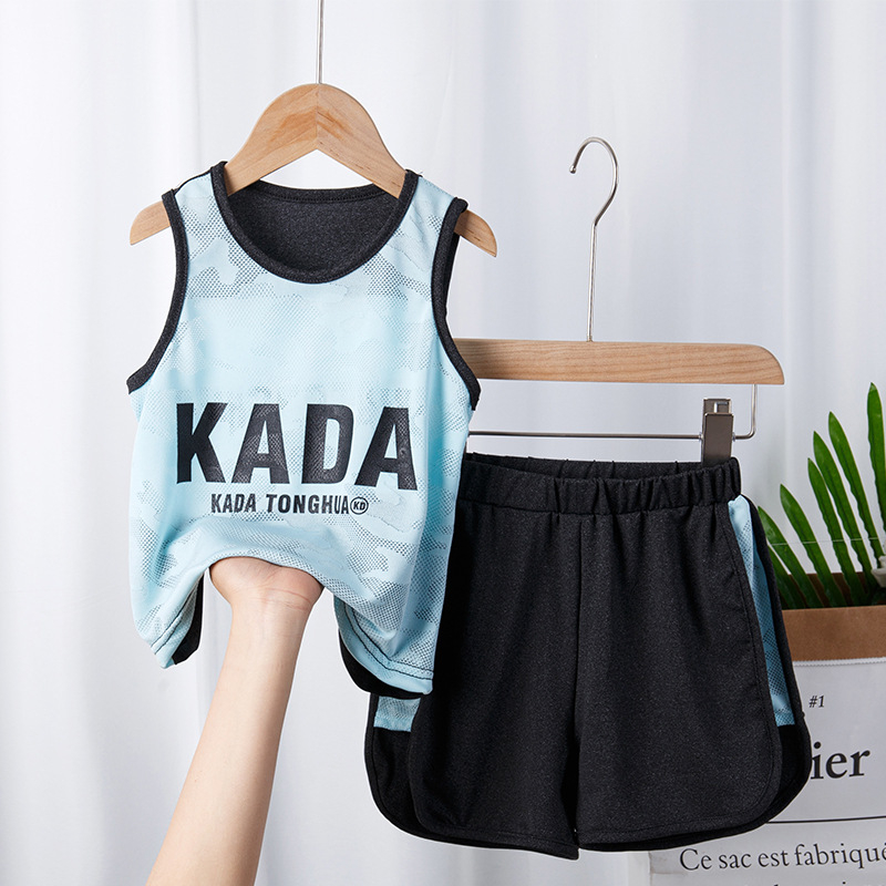 Set two-piece fără mâneci, în stil coreean, pentru copii, tricou fără mâneci din jacquard plas, absorbant de transpirație, haine de vară pentru băieți și fete, vârste 3–8 ani