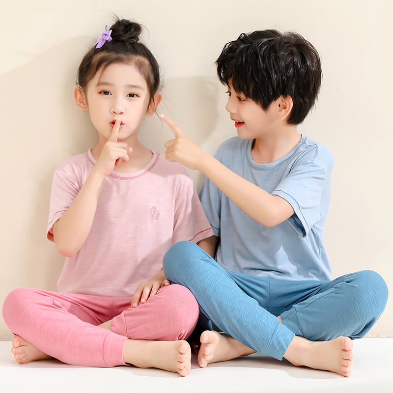 Set de pijamale pentru copii cu textură de bambus, anti-țânțari, bluza cu mânecă scurtă și pantaloni lungi, culoare unică, haine de casă pentru familie