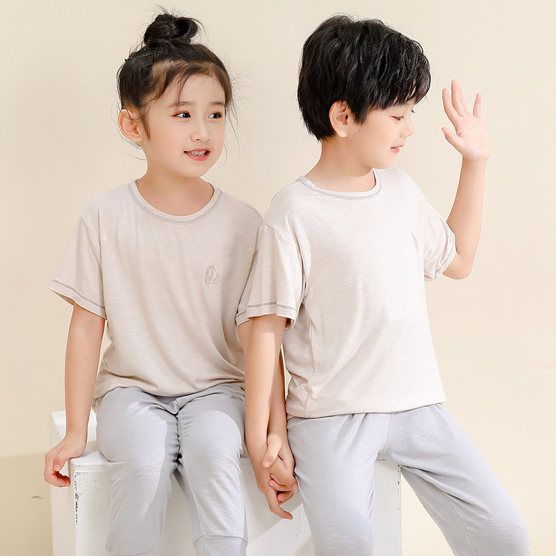 Set de pijamale pentru copii cu textură de bambus, anti-țânțari, bluza cu mânecă scurtă și pantaloni lungi, culoare unică, haine de casă pentru familie