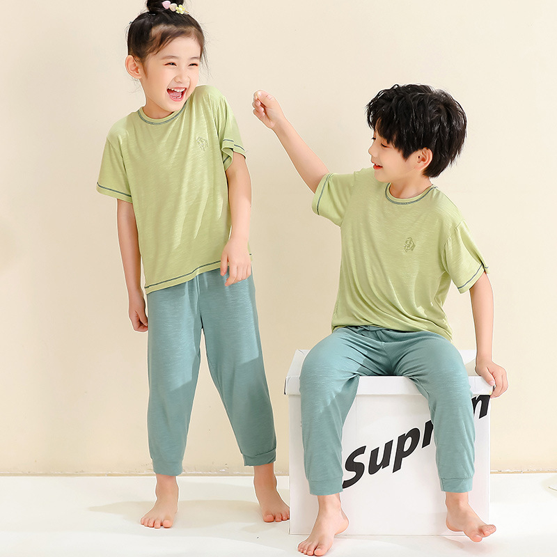 Set de pijamale pentru copii cu textură de bambus, anti-țânțari, bluza cu mânecă scurtă și pantaloni lungi, culoare unică, haine de casă pentru familie