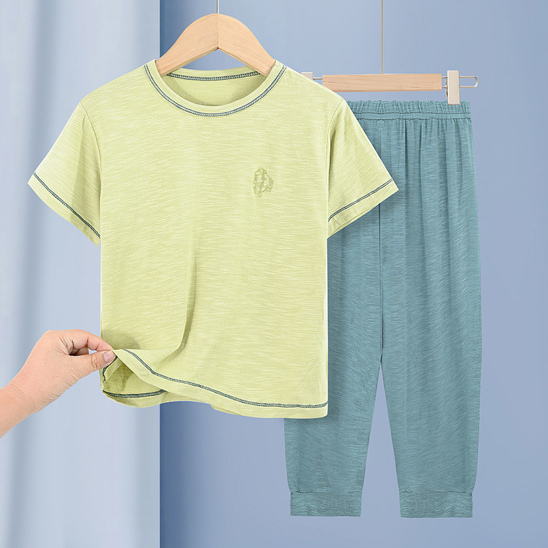 Set de pijamale pentru copii cu textură de bambus, anti-țânțari, bluza cu mânecă scurtă și pantaloni lungi, culoare unică, haine de casă pentru familie