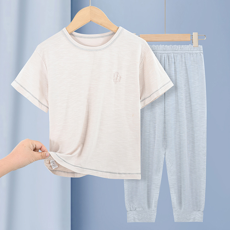 Set de pijamale pentru copii cu textură de bambus, anti-țânțari, bluza cu mânecă scurtă și pantaloni lungi, culoare unică, haine de casă pentru familie