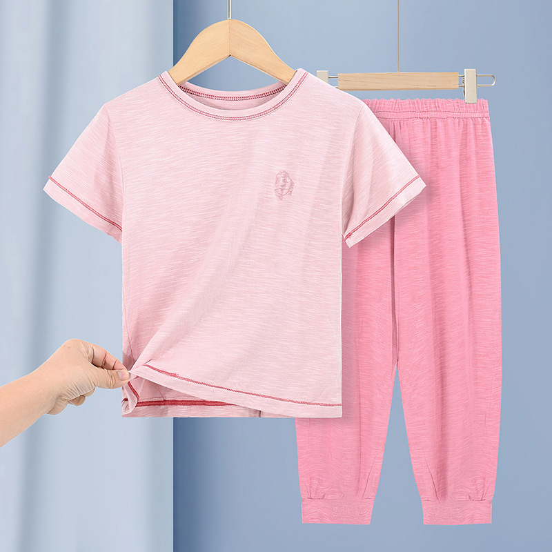Set de pijamale pentru copii cu textură de bambus, anti-țânțari, bluza cu mânecă scurtă și pantaloni lungi, culoare unică, haine de casă pentru familie