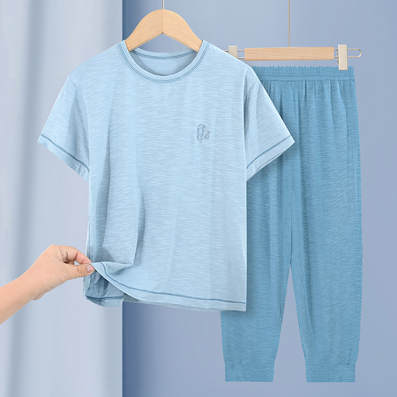 Set de pijamale pentru copii cu textură de bambus, anti-țânțari, bluza cu mânecă scurtă și pantaloni lungi, culoare unică, haine de casă pentru familie