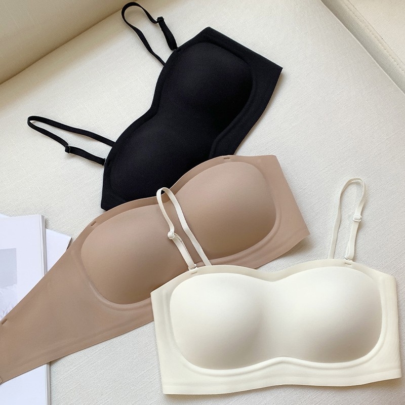 Sutien fara bretele, push-up pentru femei, antiaderent, fara cusaturi, culoare nude, modelare invizibila, grosime subțire pentru vară, cupe 3/4, bretele duble detașabile, închidere spate cu patru cârlige