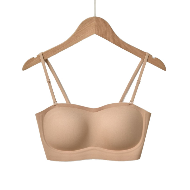 Sutien fara bretele, push-up pentru femei, antiaderent, fara cusaturi, culoare nude, modelare invizibila, grosime subțire pentru vară, cupe 3/4, bretele duble detașabile, închidere spate cu patru cârlige