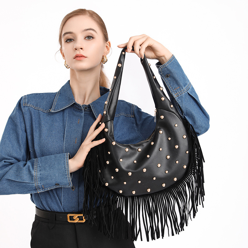 Geantă de umăr din PU cu ciucuri, stil retro european-american, design minimalist